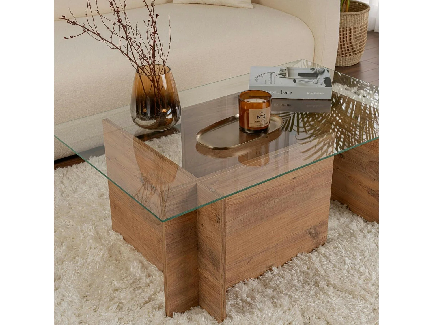 Table basse verre déstructurée – effet bois, H. 40 cm SALTA