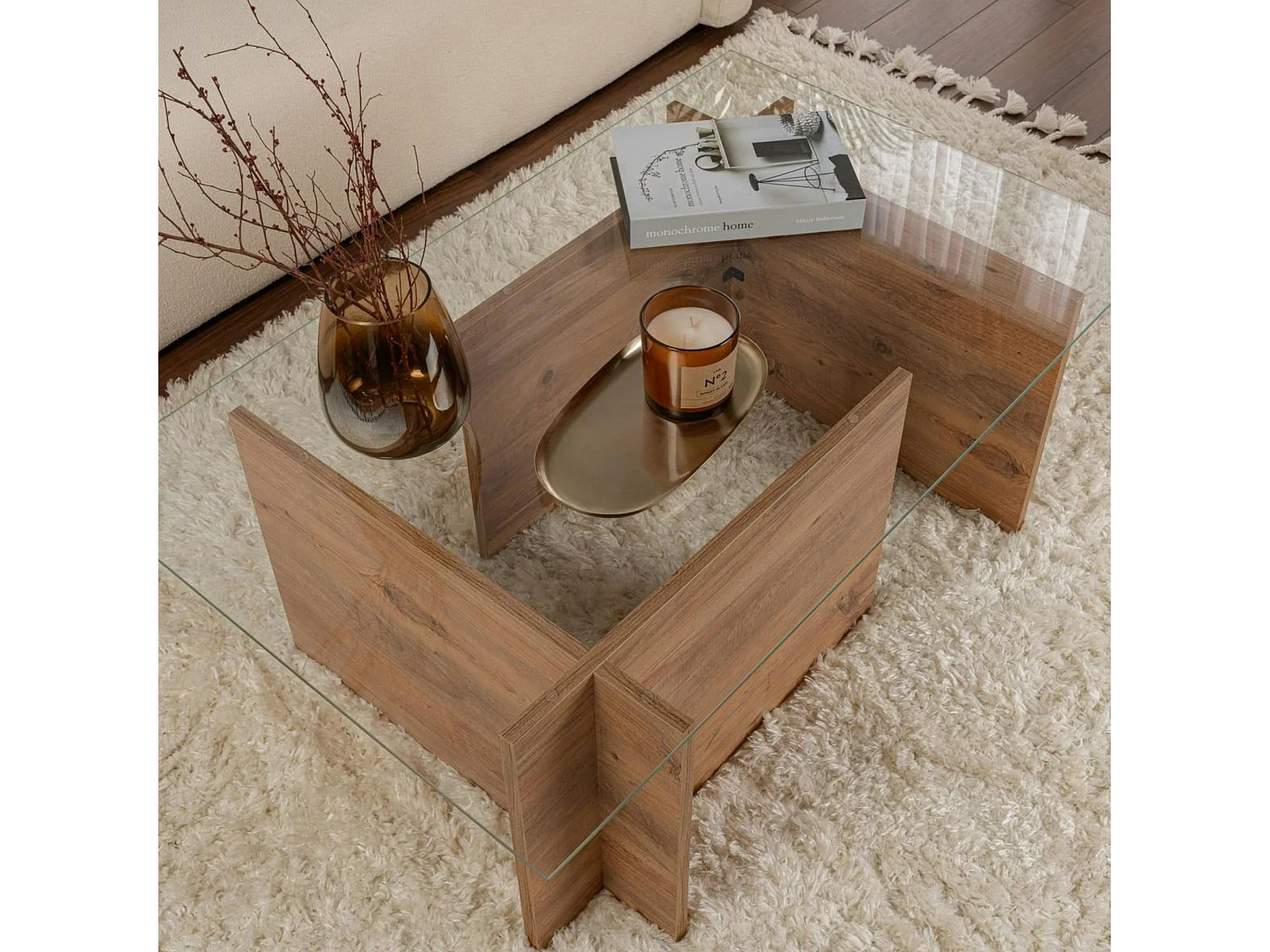 Table basse verre déstructurée – effet bois, H. 40 cm SALTA