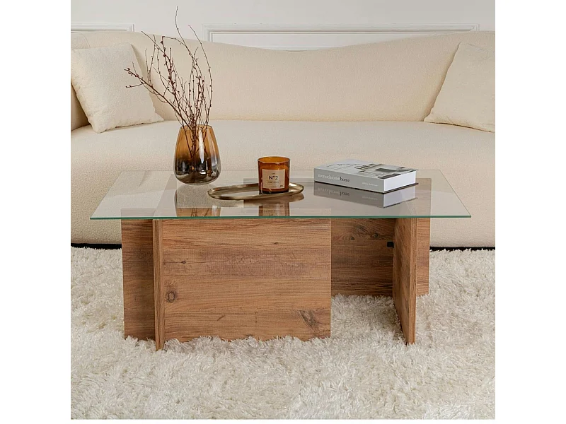 Table basse verre déstructurée – effet bois, H. 40 cm SALTA