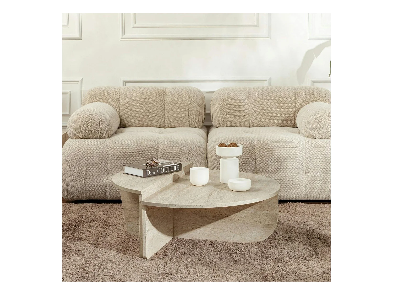 Table basse moderne effet travertin - 2 hauteurs MARFA