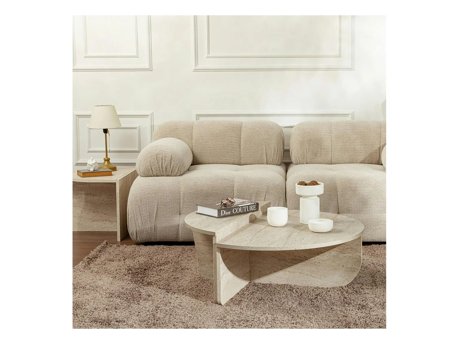 Table basse moderne effet travertin - 2 hauteurs MARFA