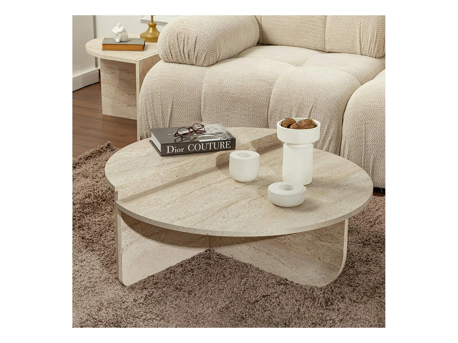Table basse moderne effet travertin - 2 hauteurs MARFA