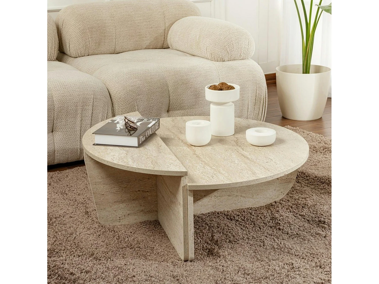 Table basse moderne effet travertin - 2 hauteurs MARFA