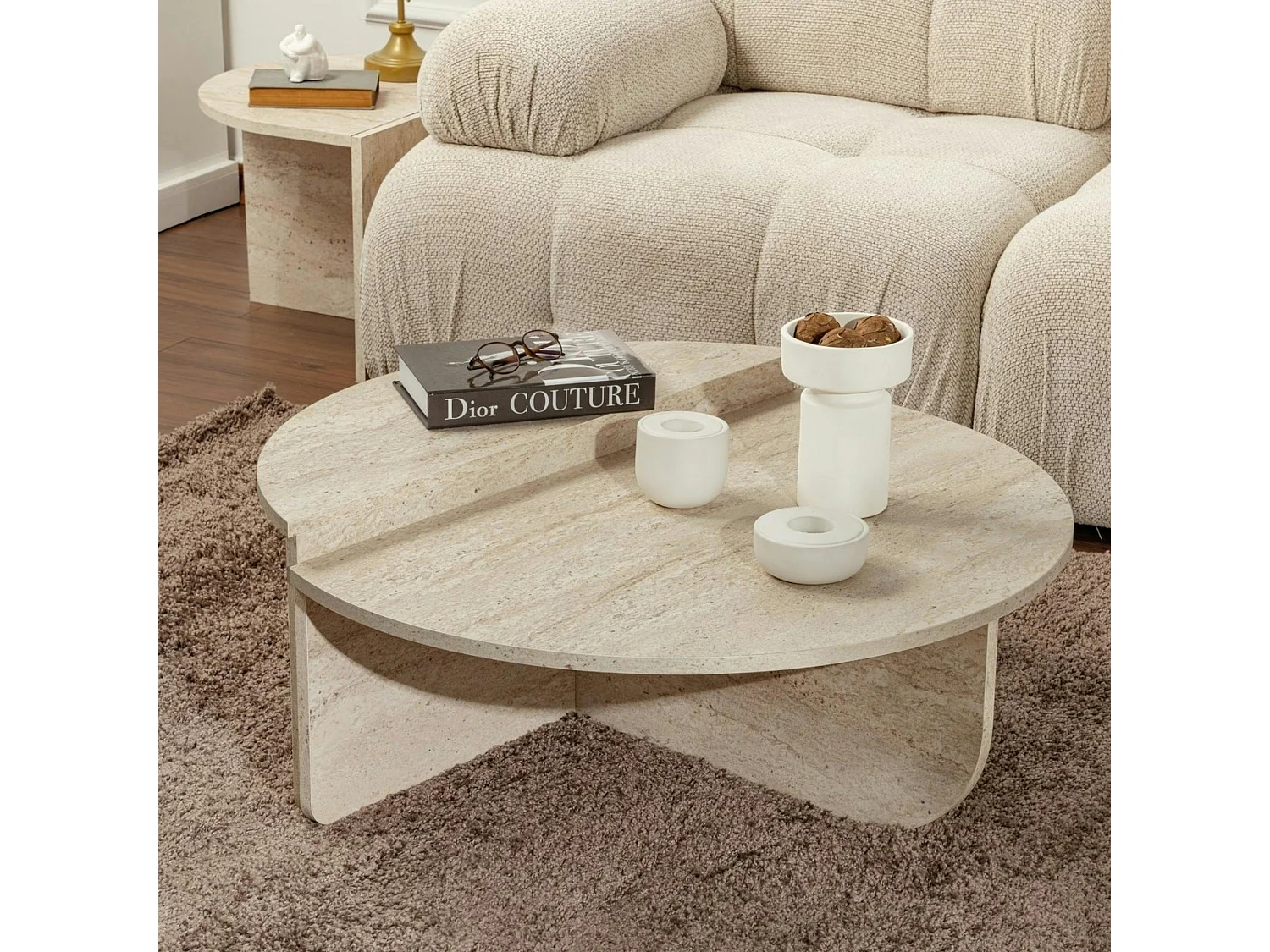 Table basse moderne effet travertin - 2 hauteurs MARFA