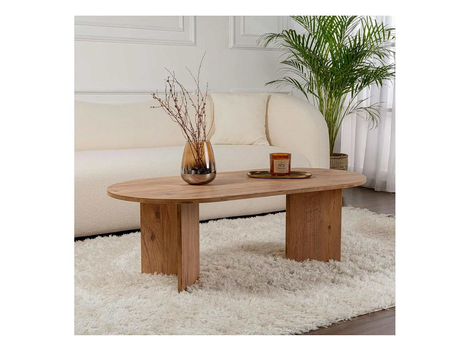 Table basse ovale effet bois de pin - pieds en V MARFA