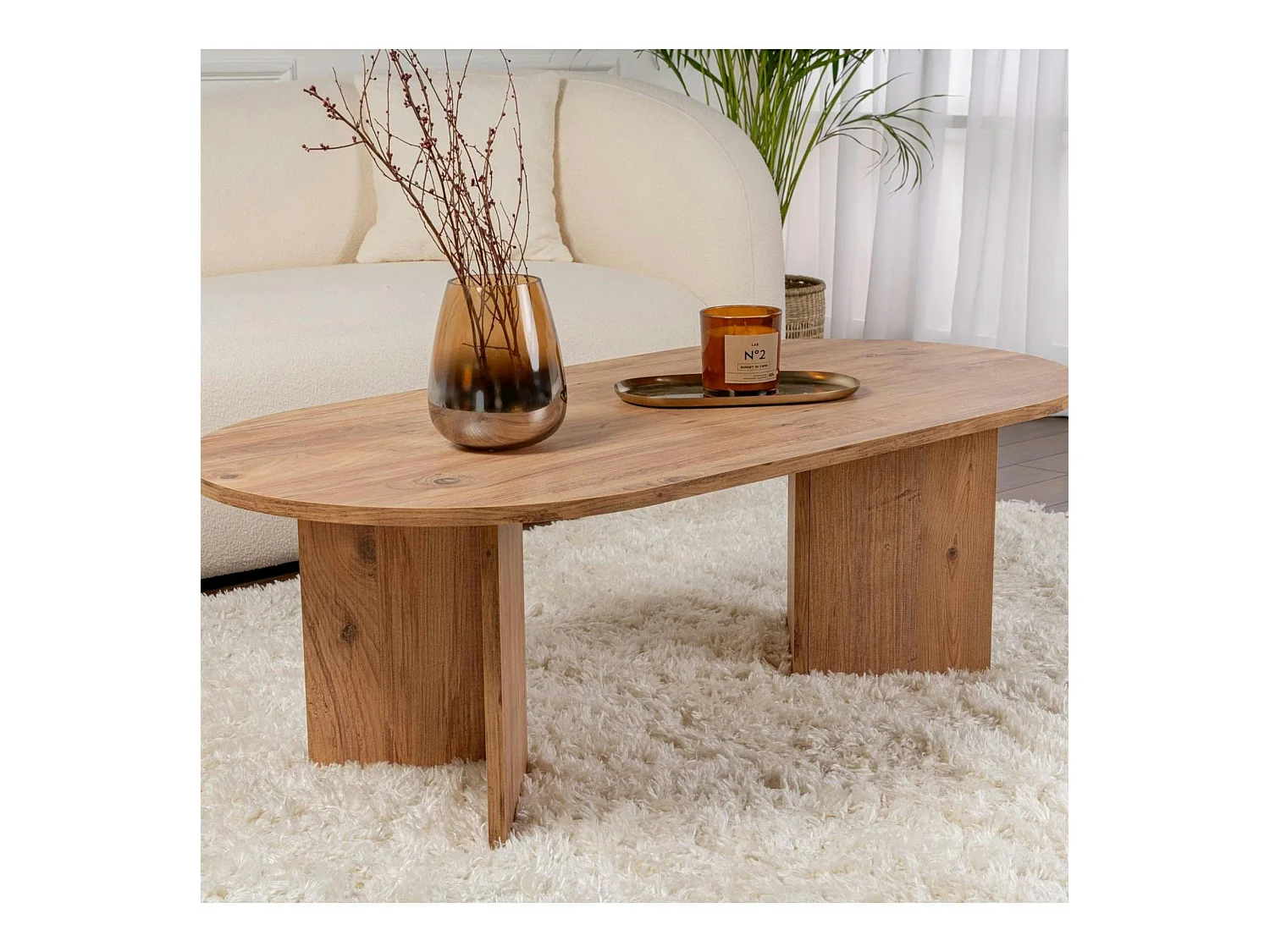 Table basse ovale effet bois de pin - pieds en V MARFA