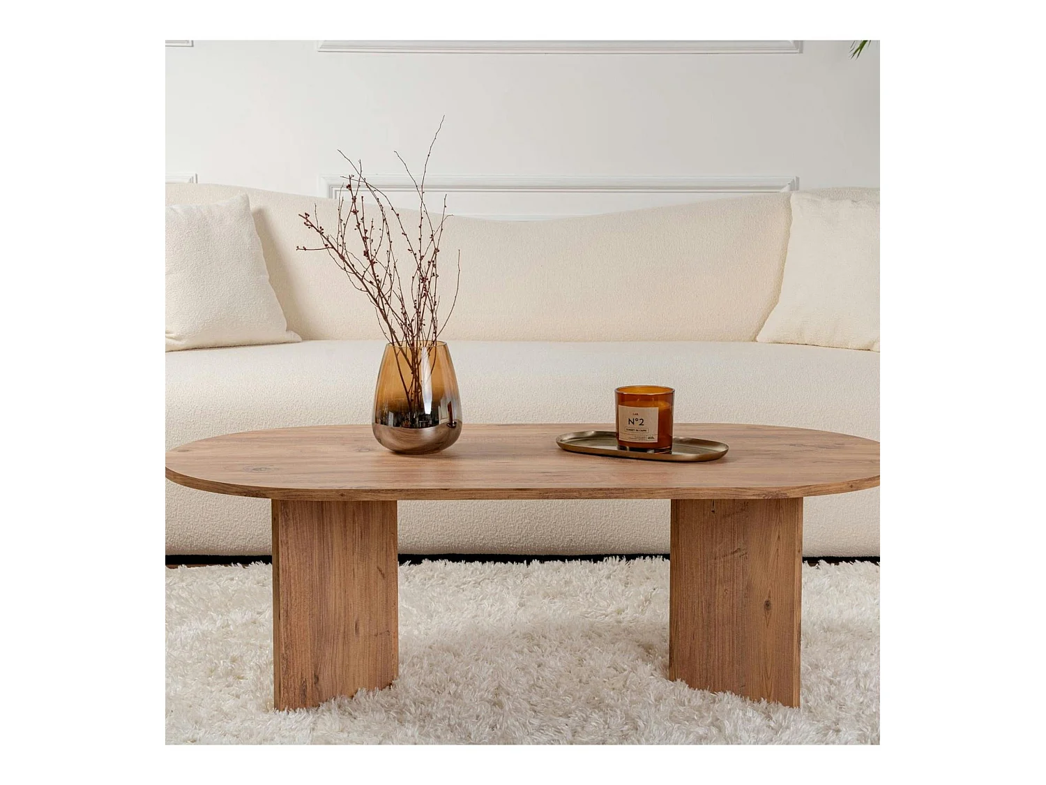 Table basse ovale effet bois de pin - pieds en V MARFA