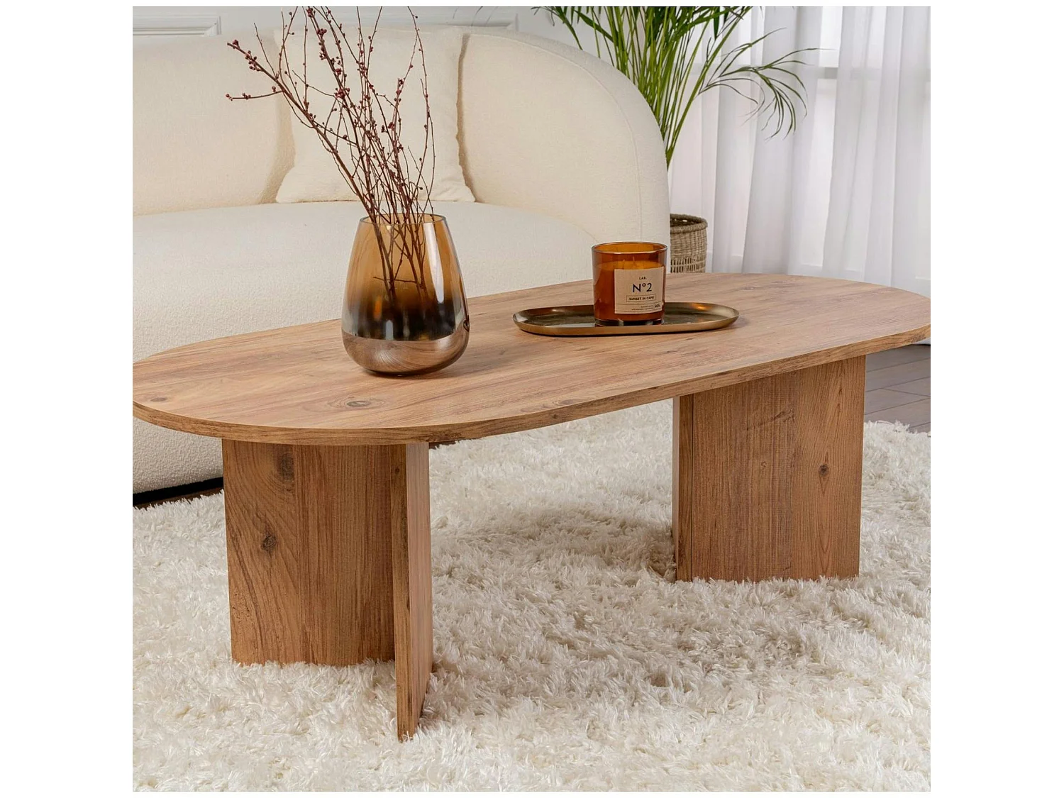 Table basse ovale effet bois de pin - pieds en V MARFA