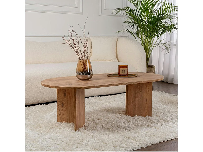 Table basse ovale effet bois de pin - pieds en V MARFA