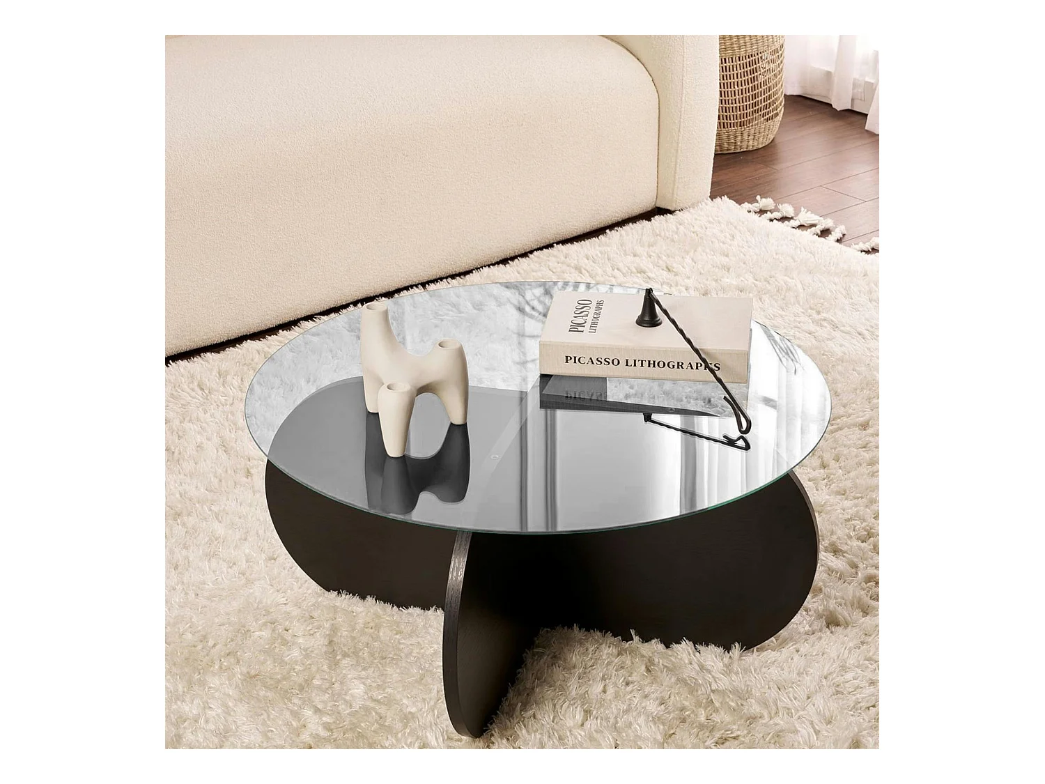 Table basse verre fumé - pied en croix effet bois noir SALTA