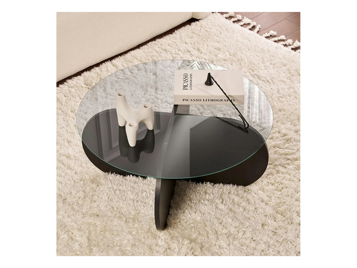 Table basse verre fumé - pied en croix effet bois noir SALTA