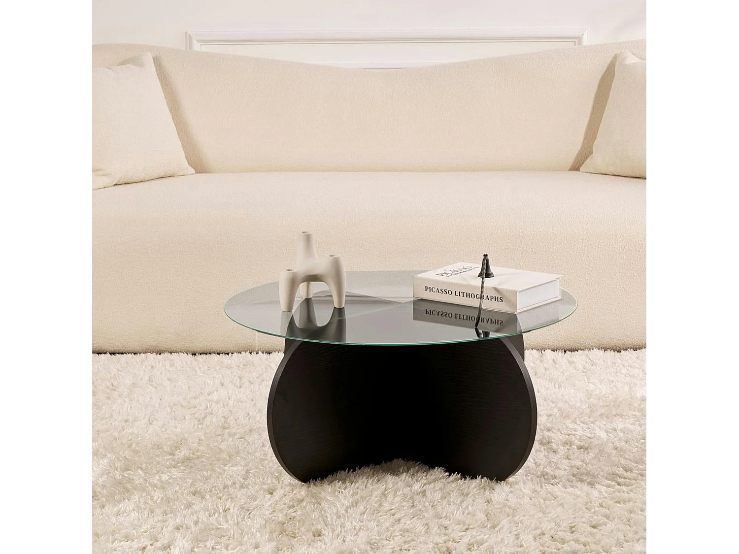 Table basse verre fumé - pied en croix effet bois noir SALTA