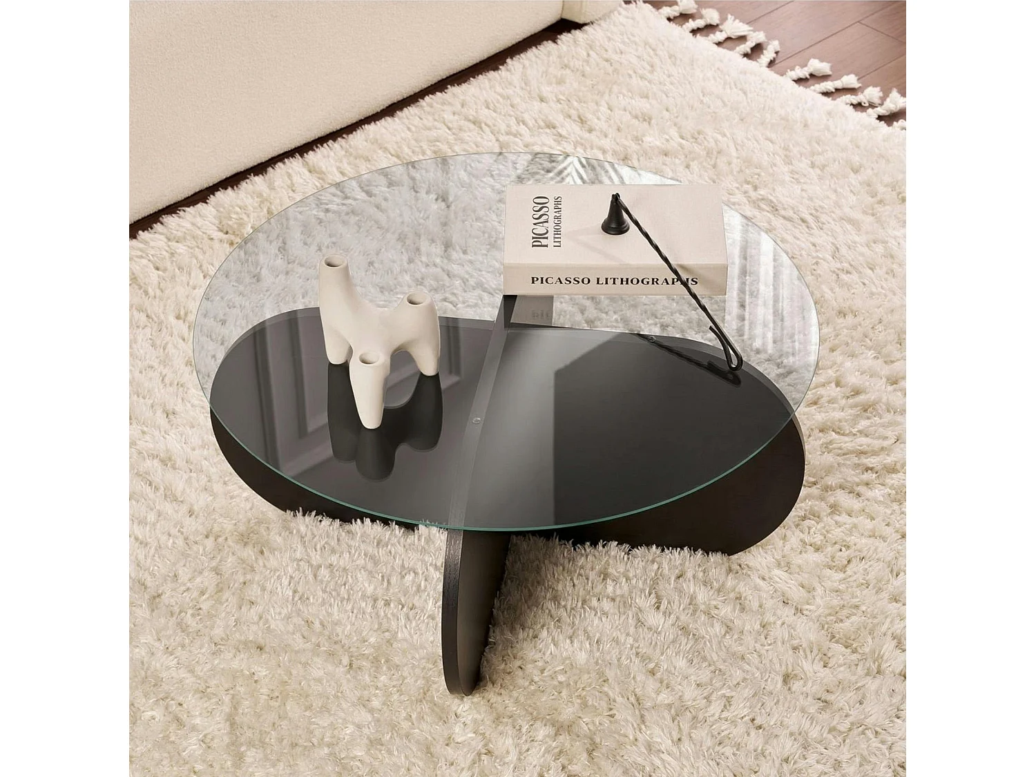 Table basse verre fumé - pied en croix effet bois noir SALTA