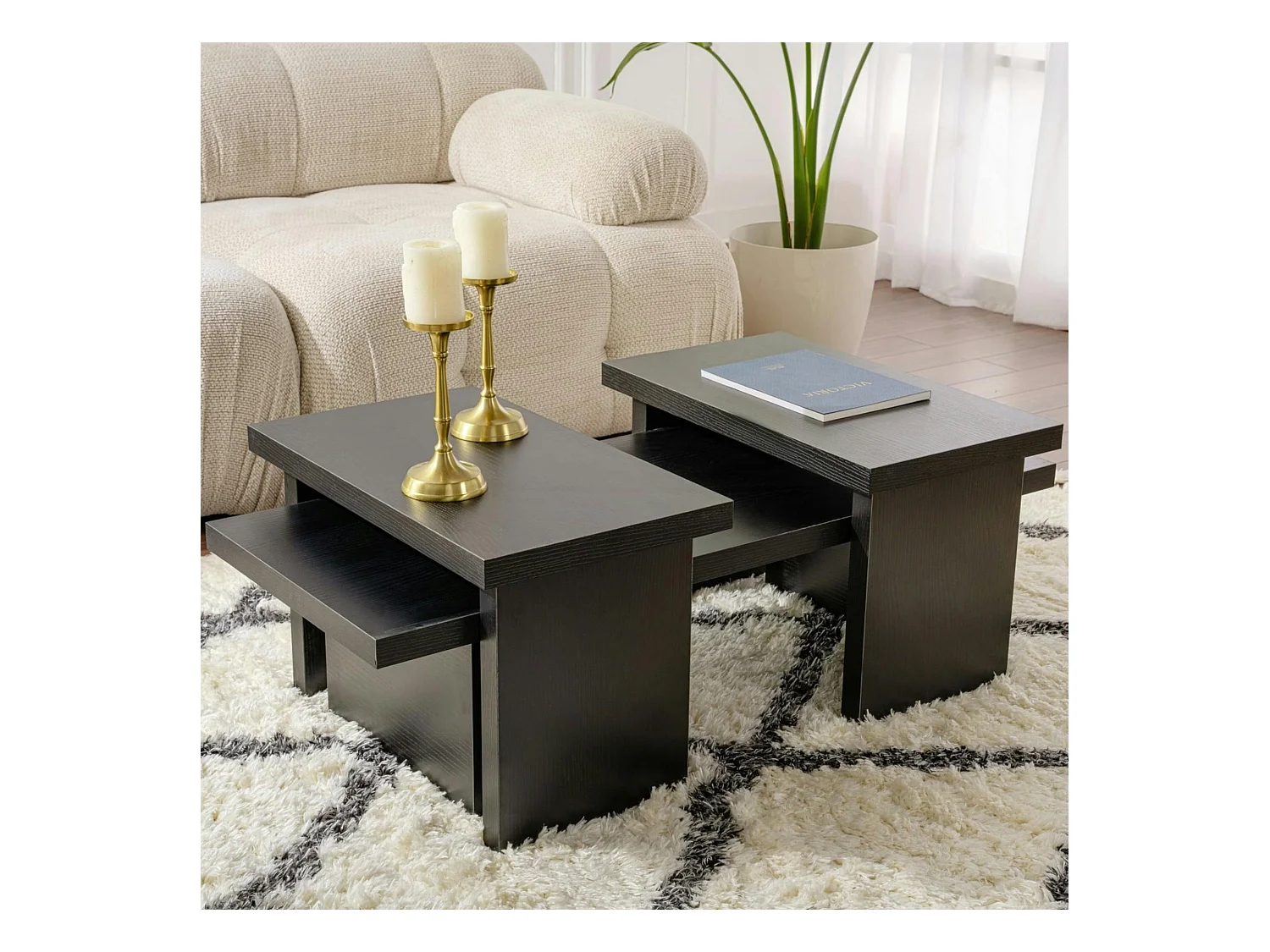 Table basse gigogne design – effet bois noir (3 pièces) MARFA