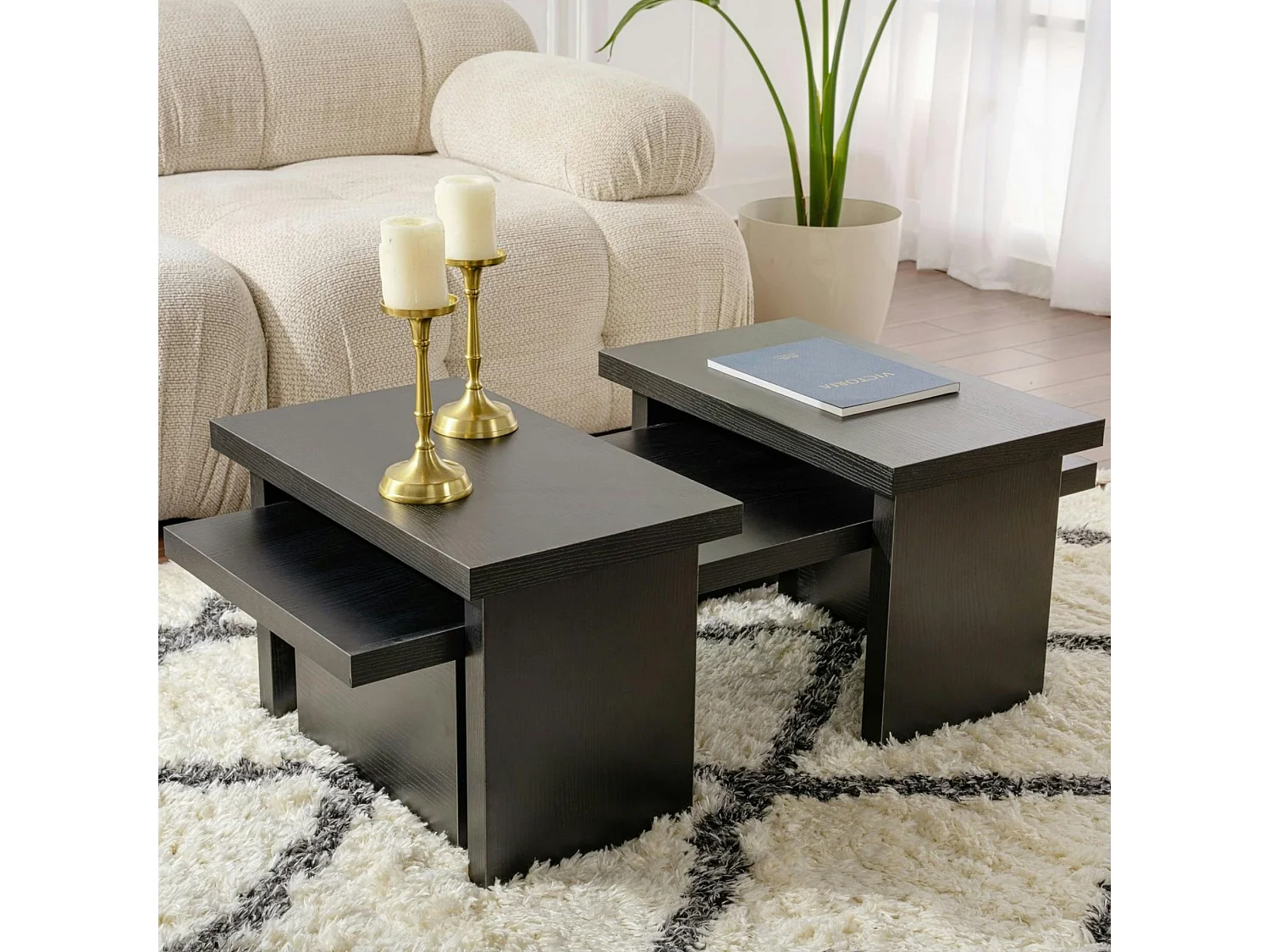 Table basse gigogne design – effet bois noir (3 pièces) MARFA