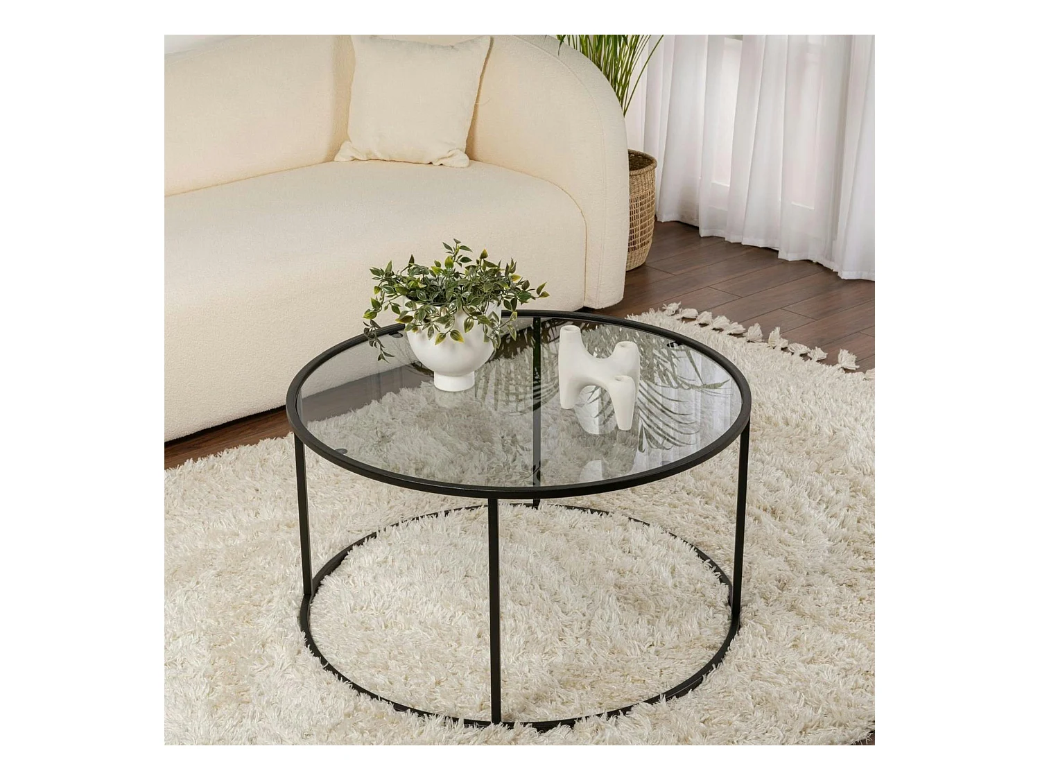 Table basse ronde verre fumé – cadre noir ⌀80 cm TULUM