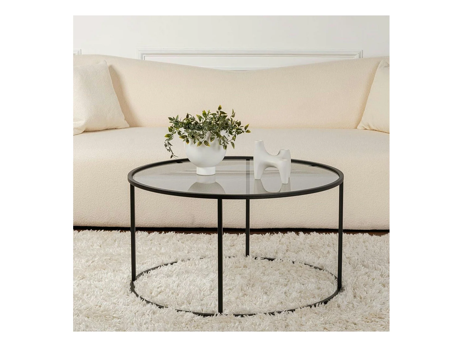 Table basse ronde verre fumé – cadre noir ⌀80 cm TULUM
