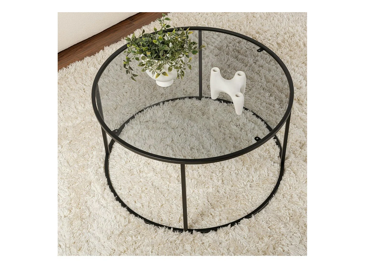 Table basse ronde verre fumé – cadre noir ⌀80 cm TULUM