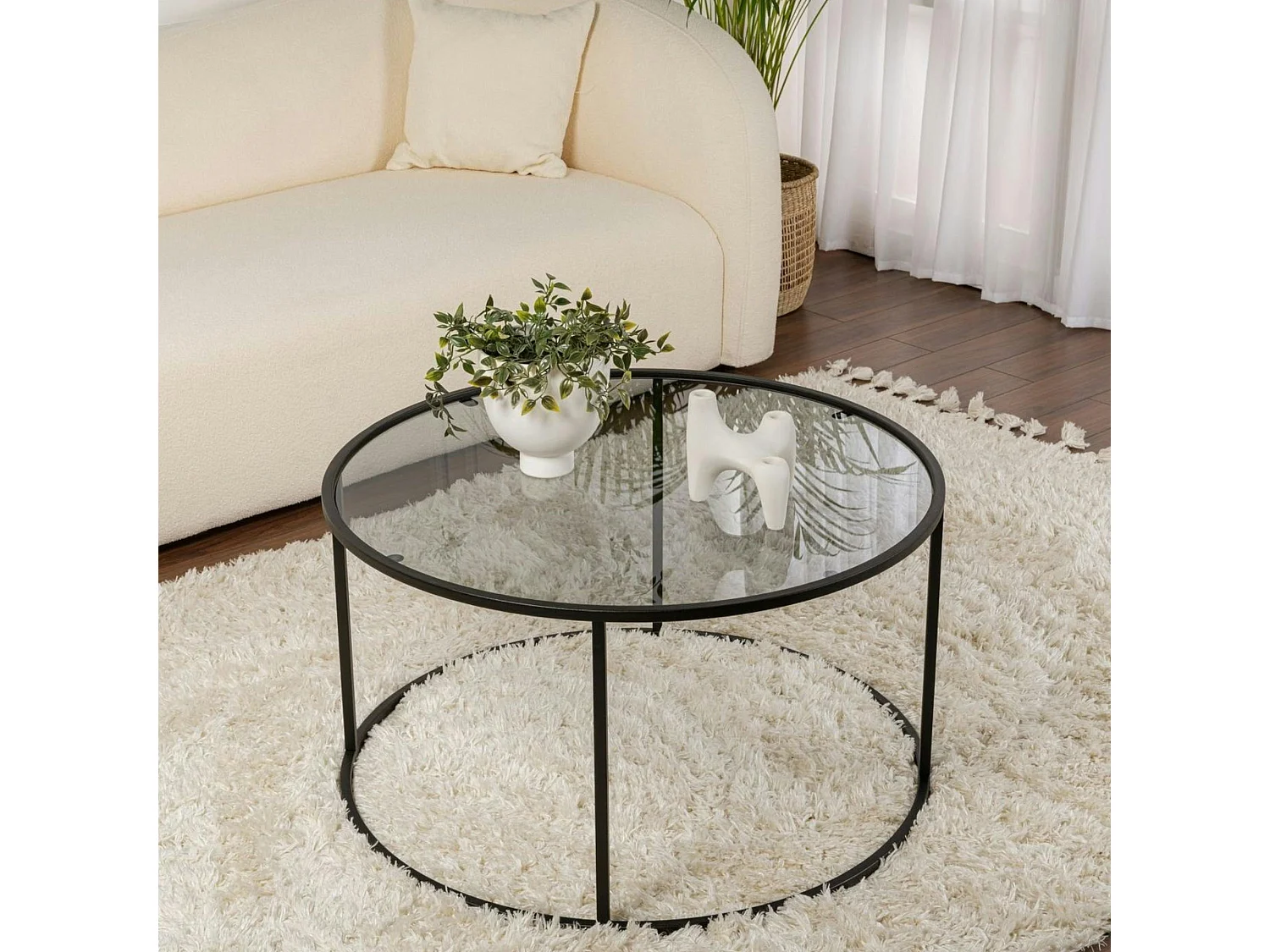 Table basse ronde verre fumé – cadre noir ⌀80 cm TULUM