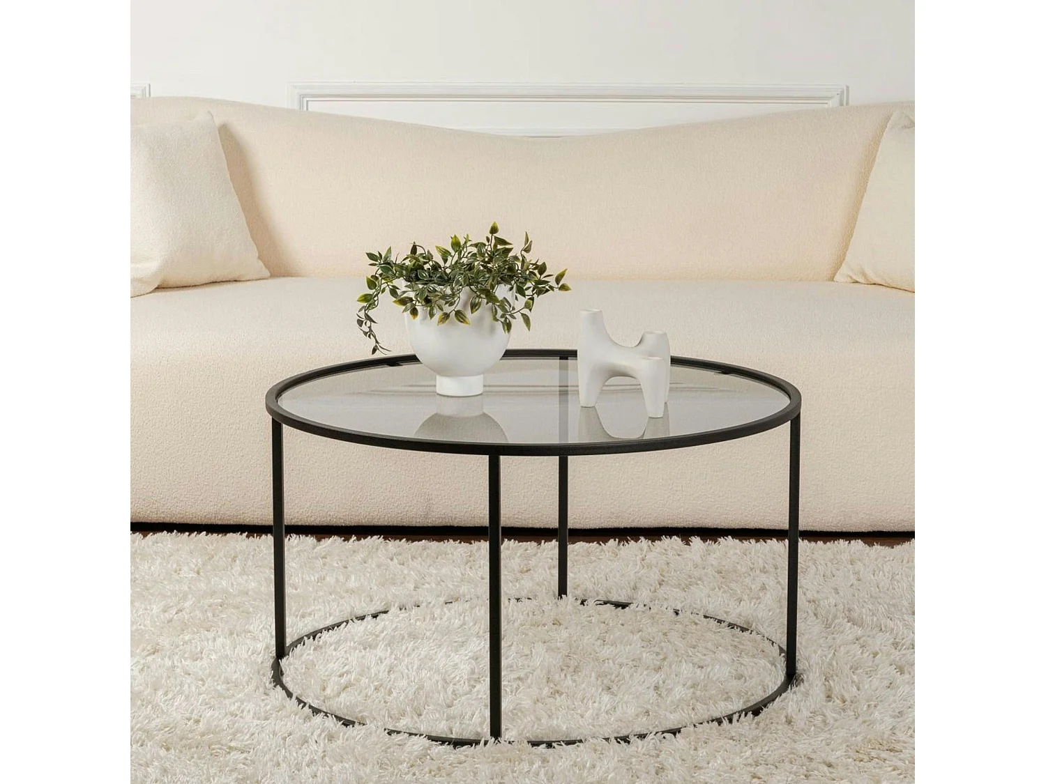 Table basse ronde verre fumé – cadre noir ⌀80 cm TULUM