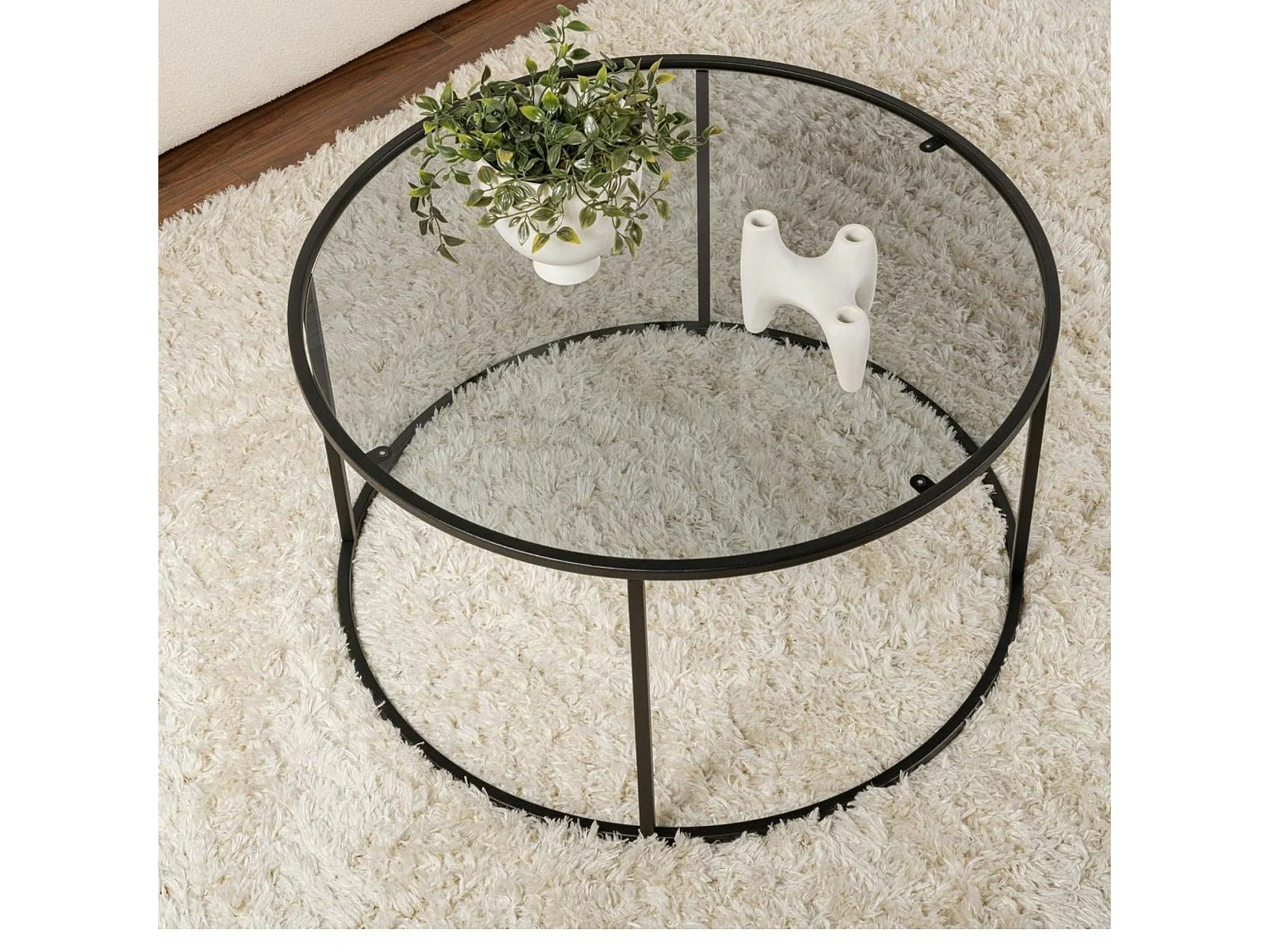 Table basse ronde verre fumé – cadre noir ⌀80 cm TULUM