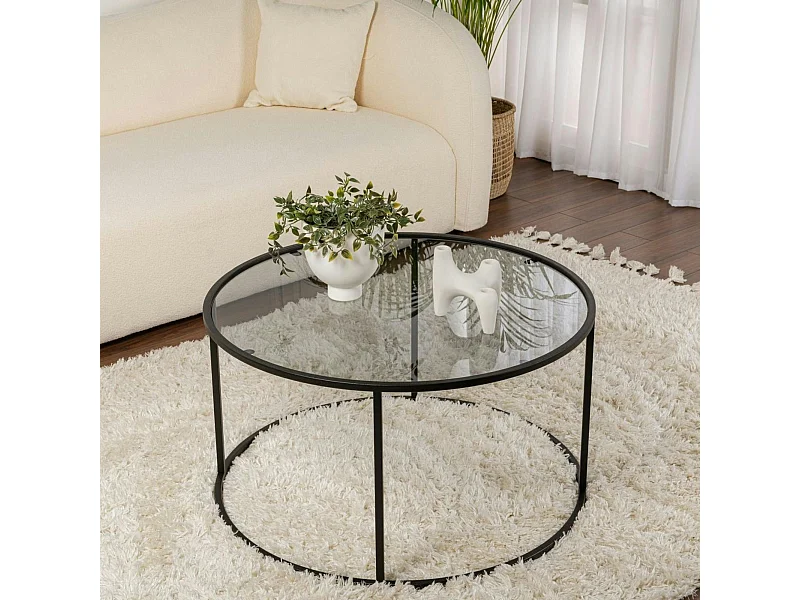 Table basse ronde verre fumé – cadre noir ⌀80 cm TULUM