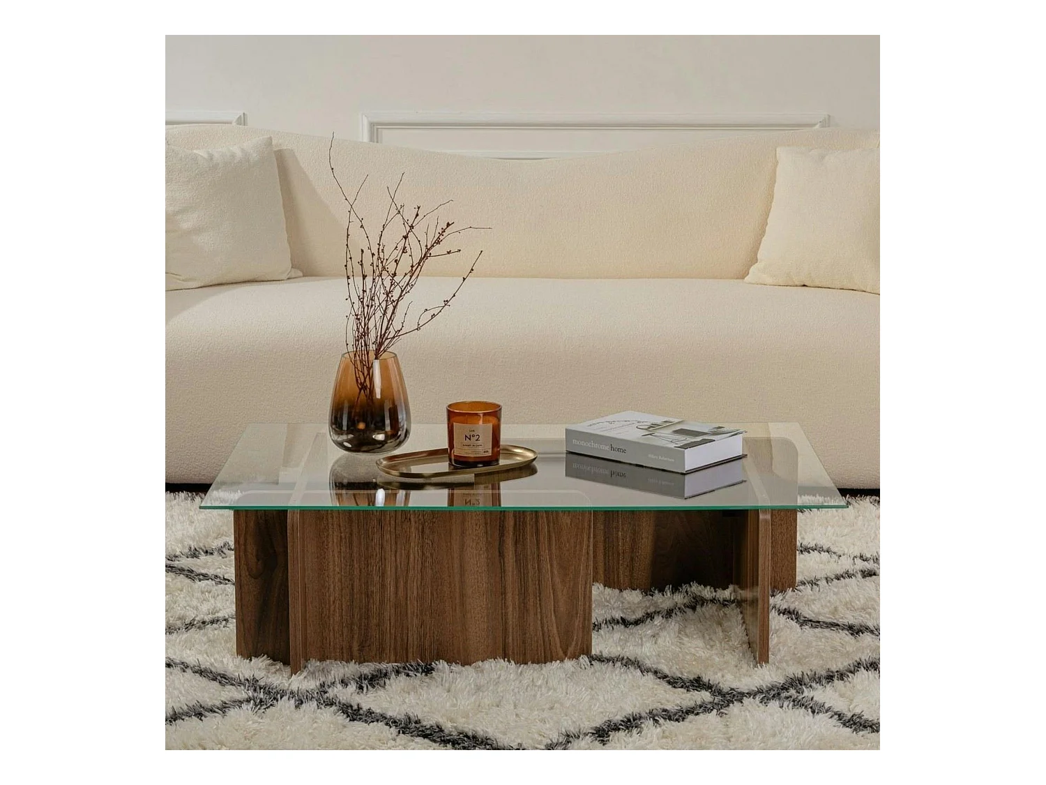 Table basse verre déstructurée – base effet bois noyer SALTA