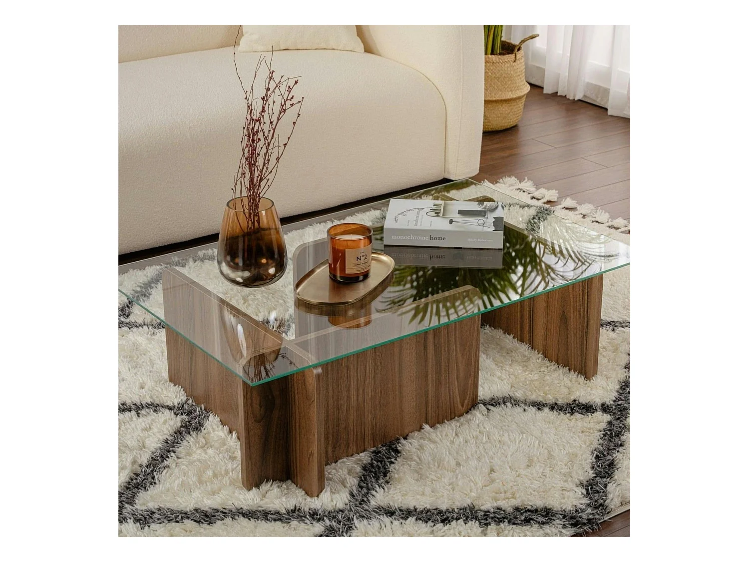 Table basse verre déstructurée – base effet bois noyer SALTA