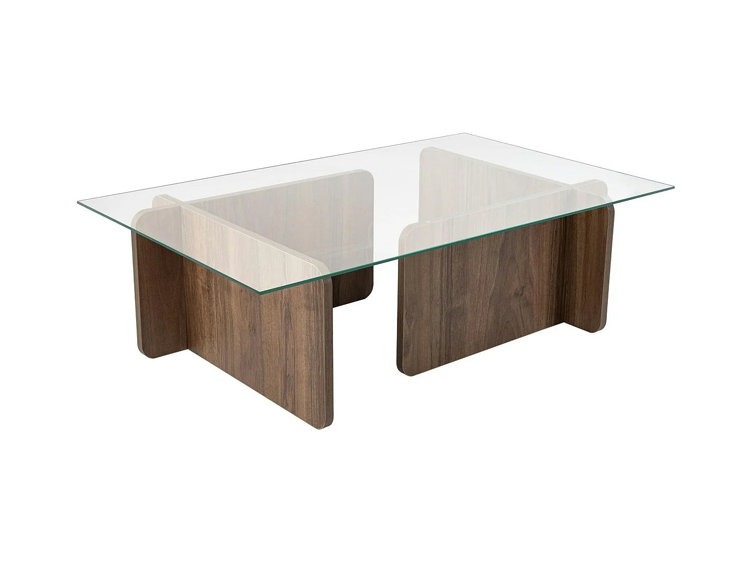 Table basse verre déstructurée – base effet bois noyer SALTA