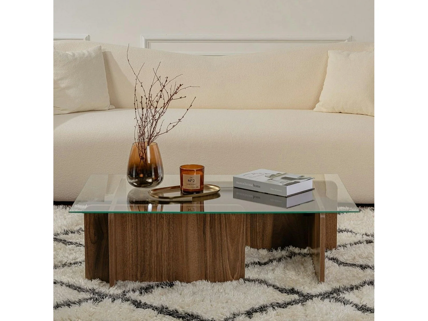 Table basse verre déstructurée – base effet bois noyer SALTA