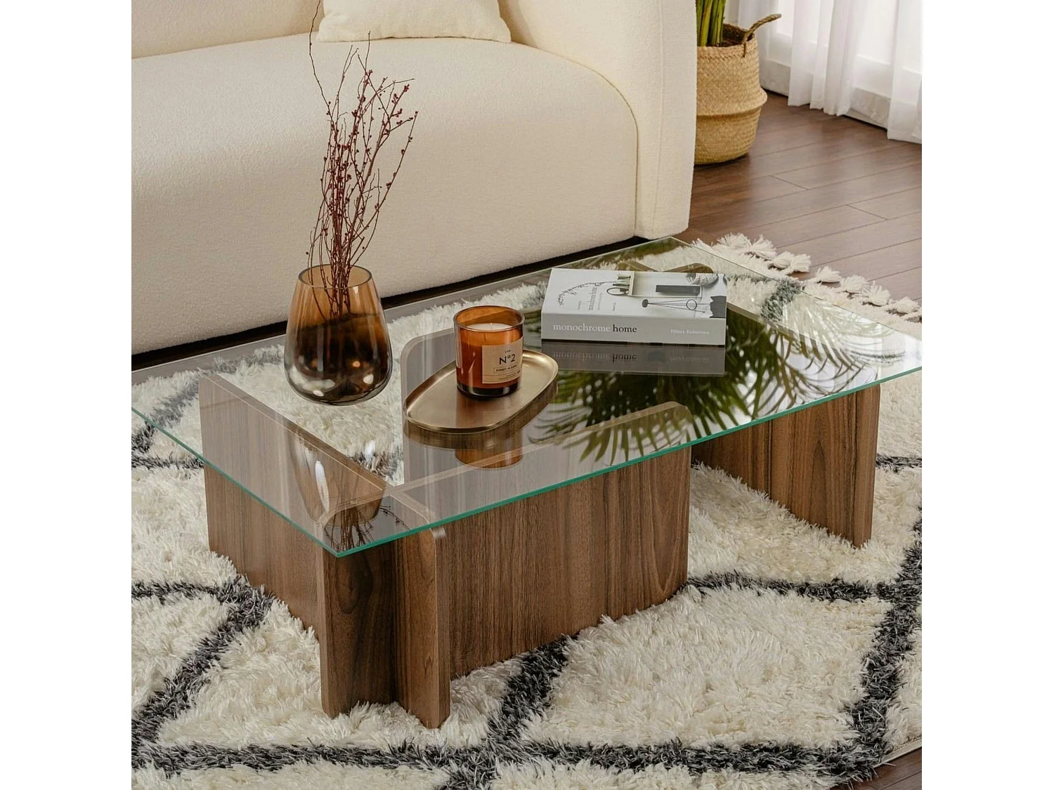 Table basse verre déstructurée – base effet bois noyer SALTA