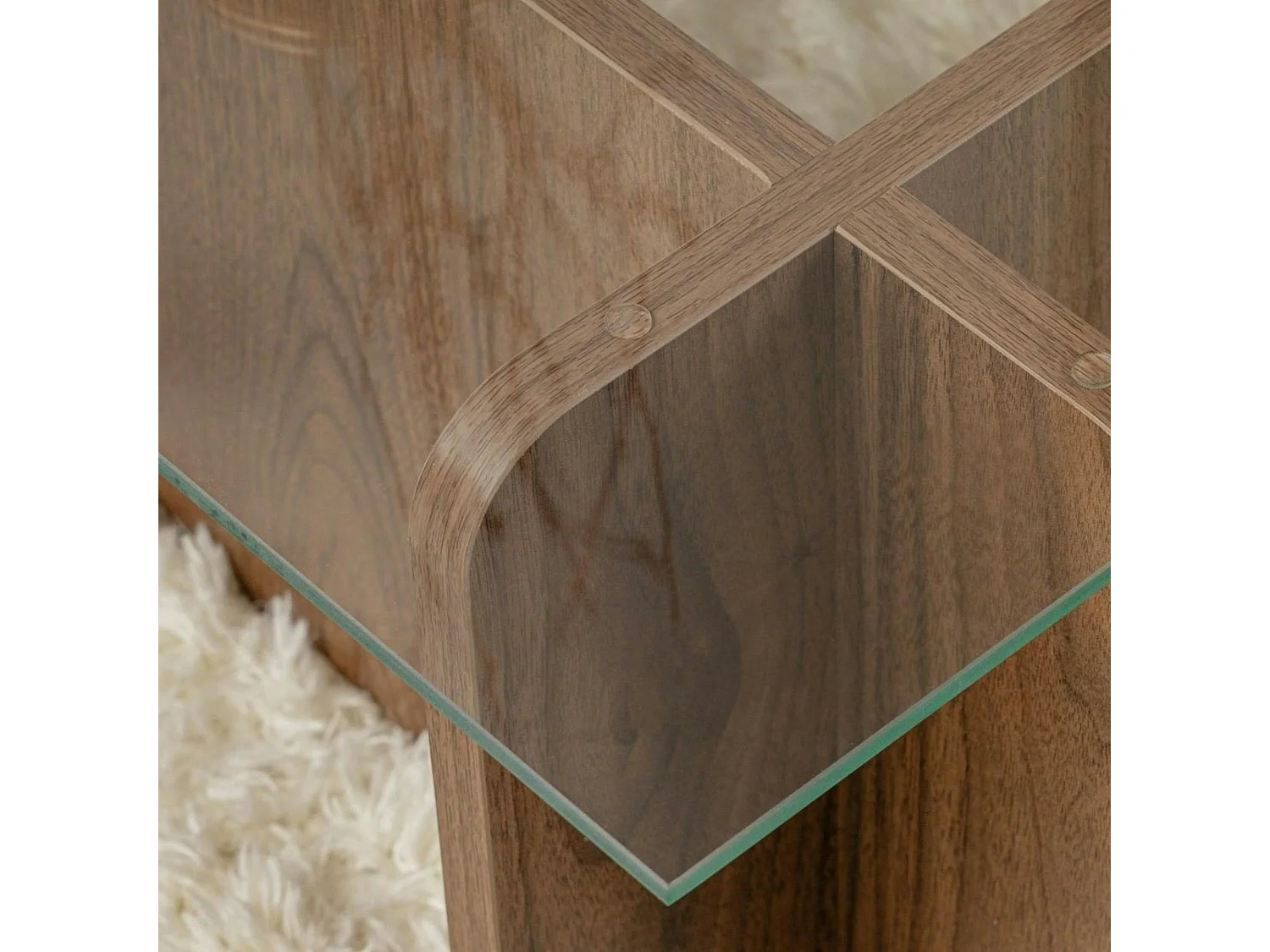 Table basse verre déstructurée – base effet bois noyer SALTA