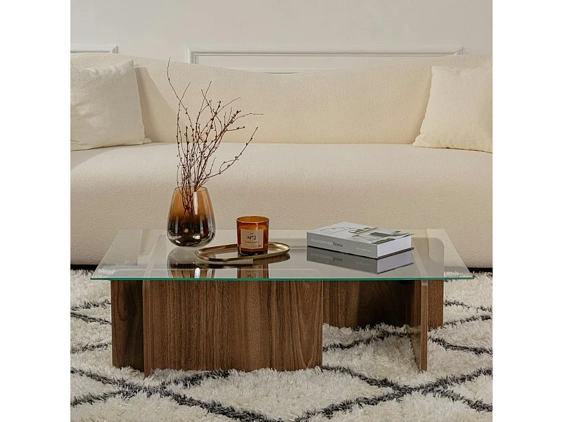 Table basse verre déstructurée – base effet bois noyer SALTA