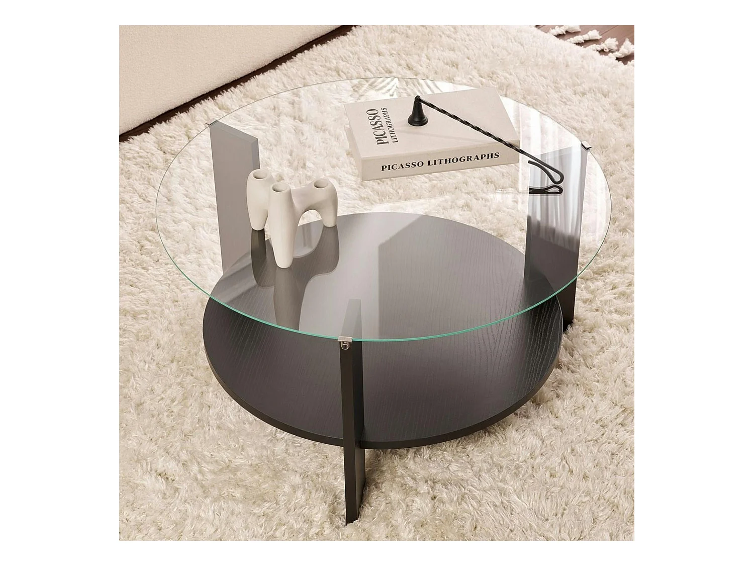 Table basse verre double plateau - effet bois noir SALTA