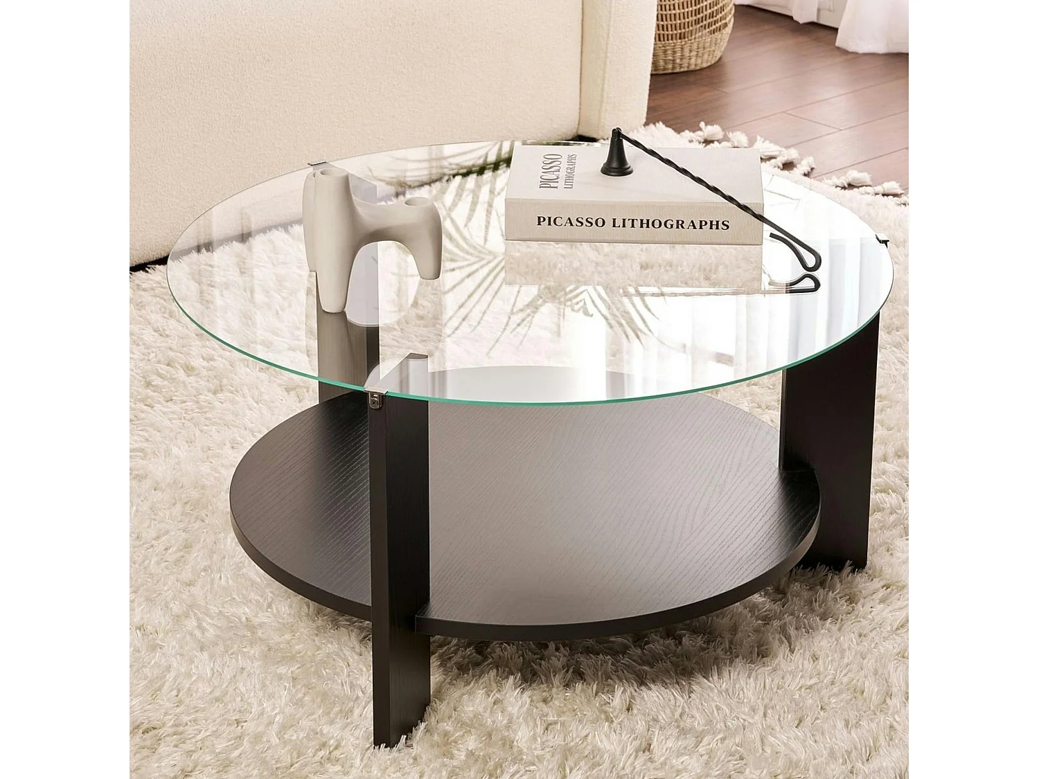 Table basse verre double plateau - effet bois noir SALTA