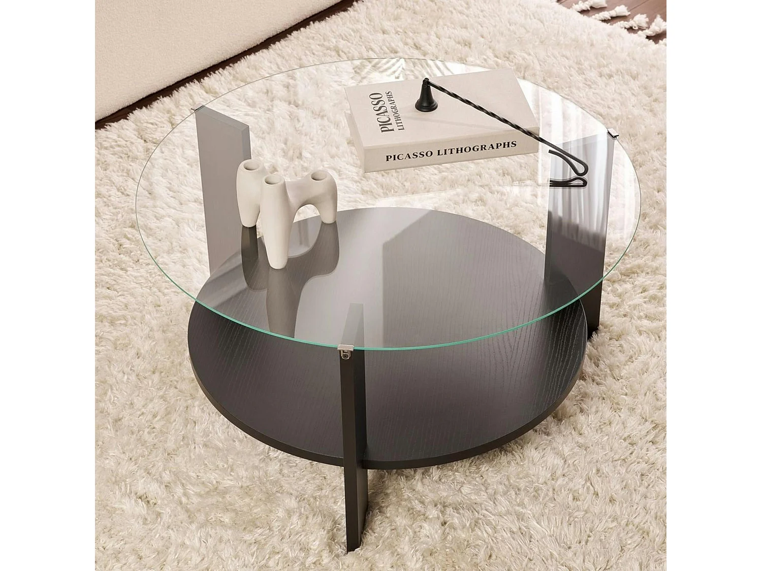 Table basse verre double plateau - effet bois noir SALTA
