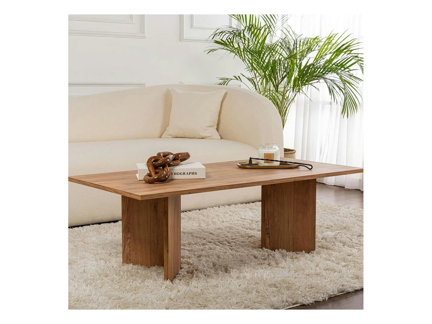 Table basse moderne effet bois de pin - pieds en V MARFA