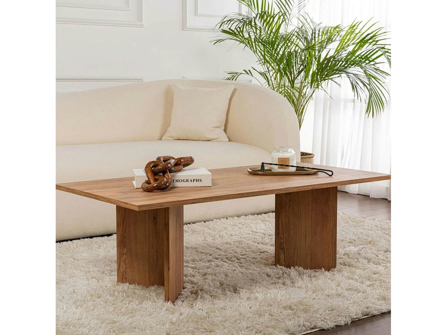 Table basse moderne effet bois de pin - pieds en V MARFA