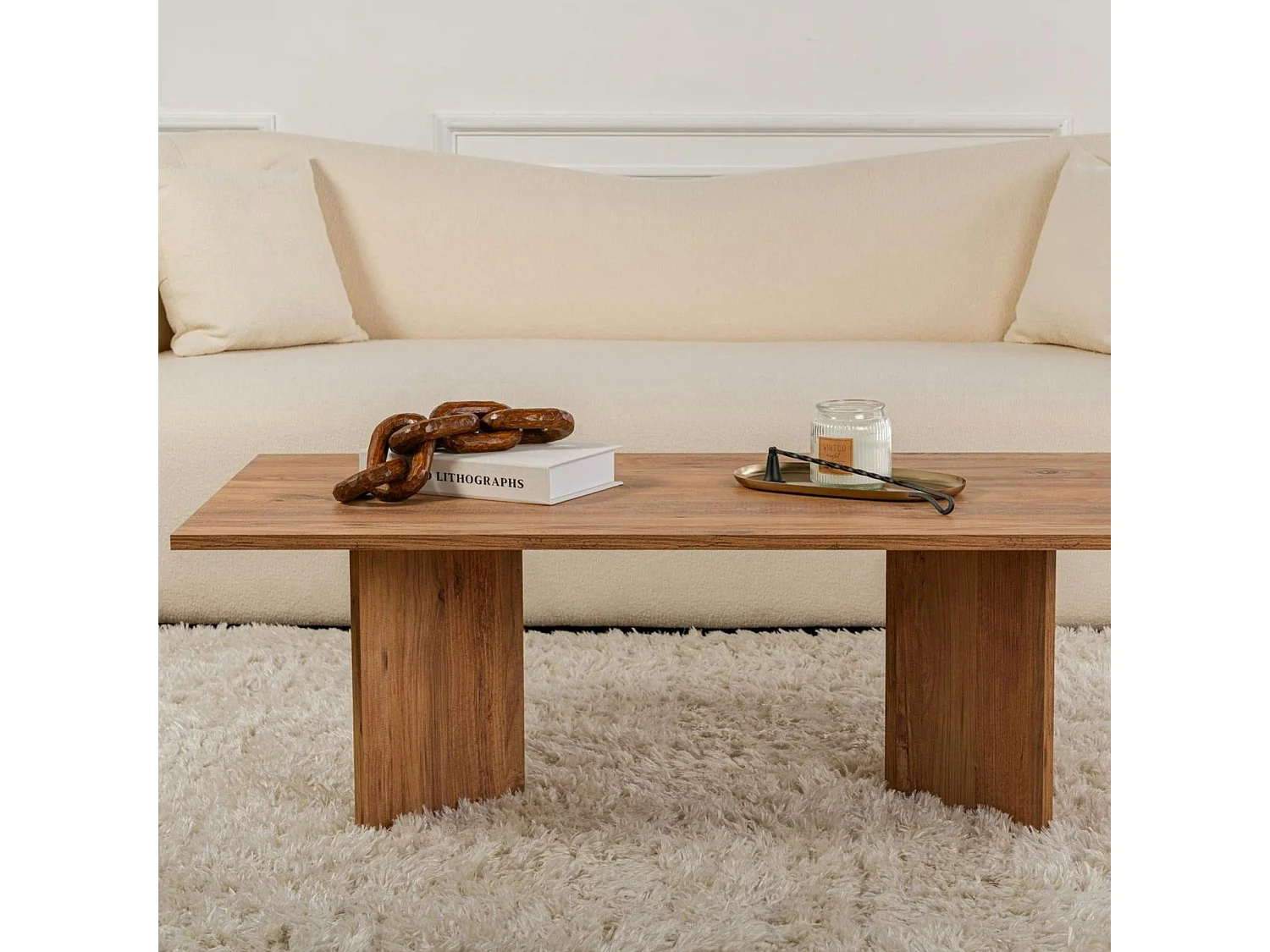 Table basse moderne effet bois de pin - pieds en V MARFA