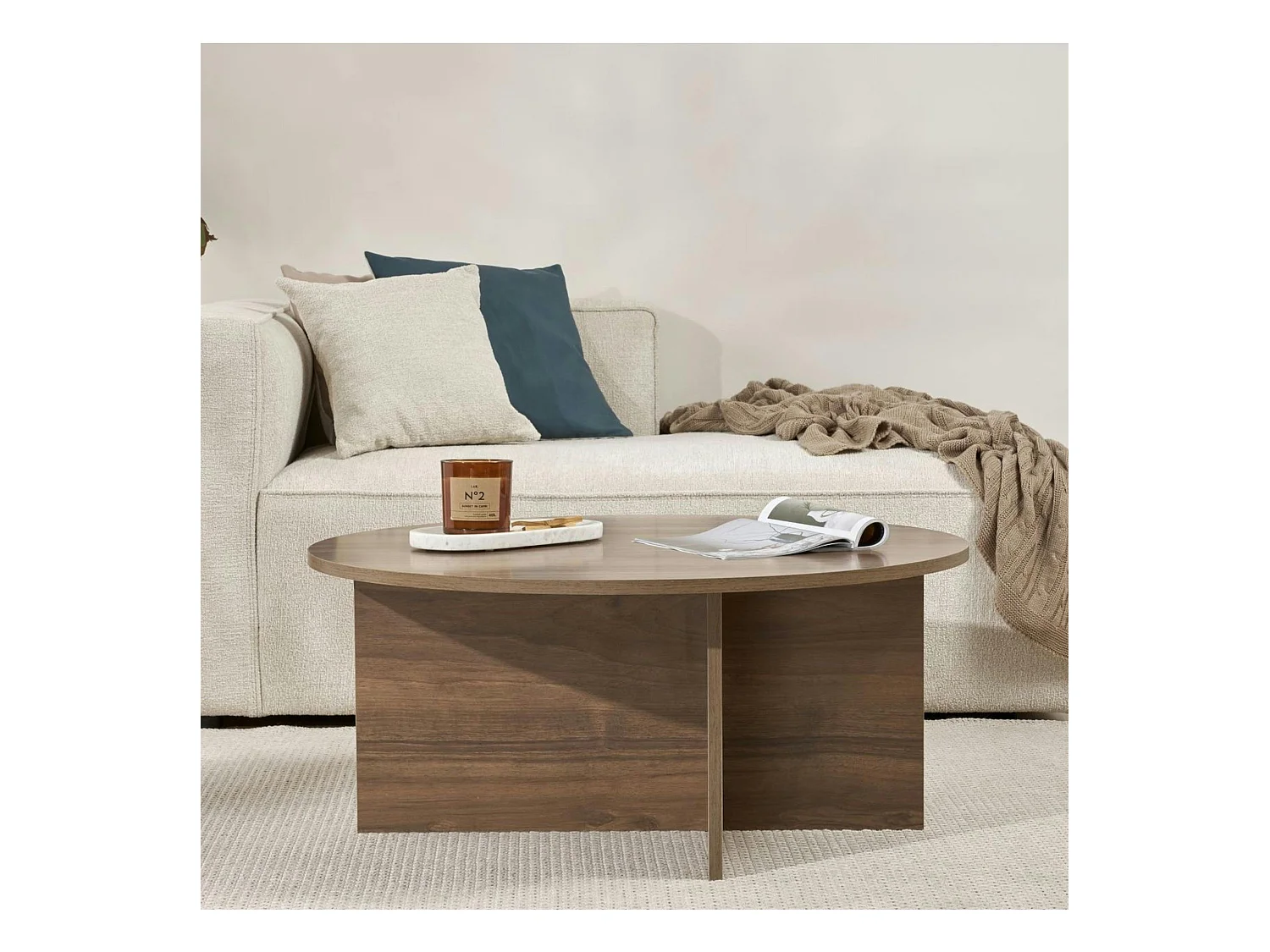 Table basse ronde minimaliste - effet bois de noyer MARFA