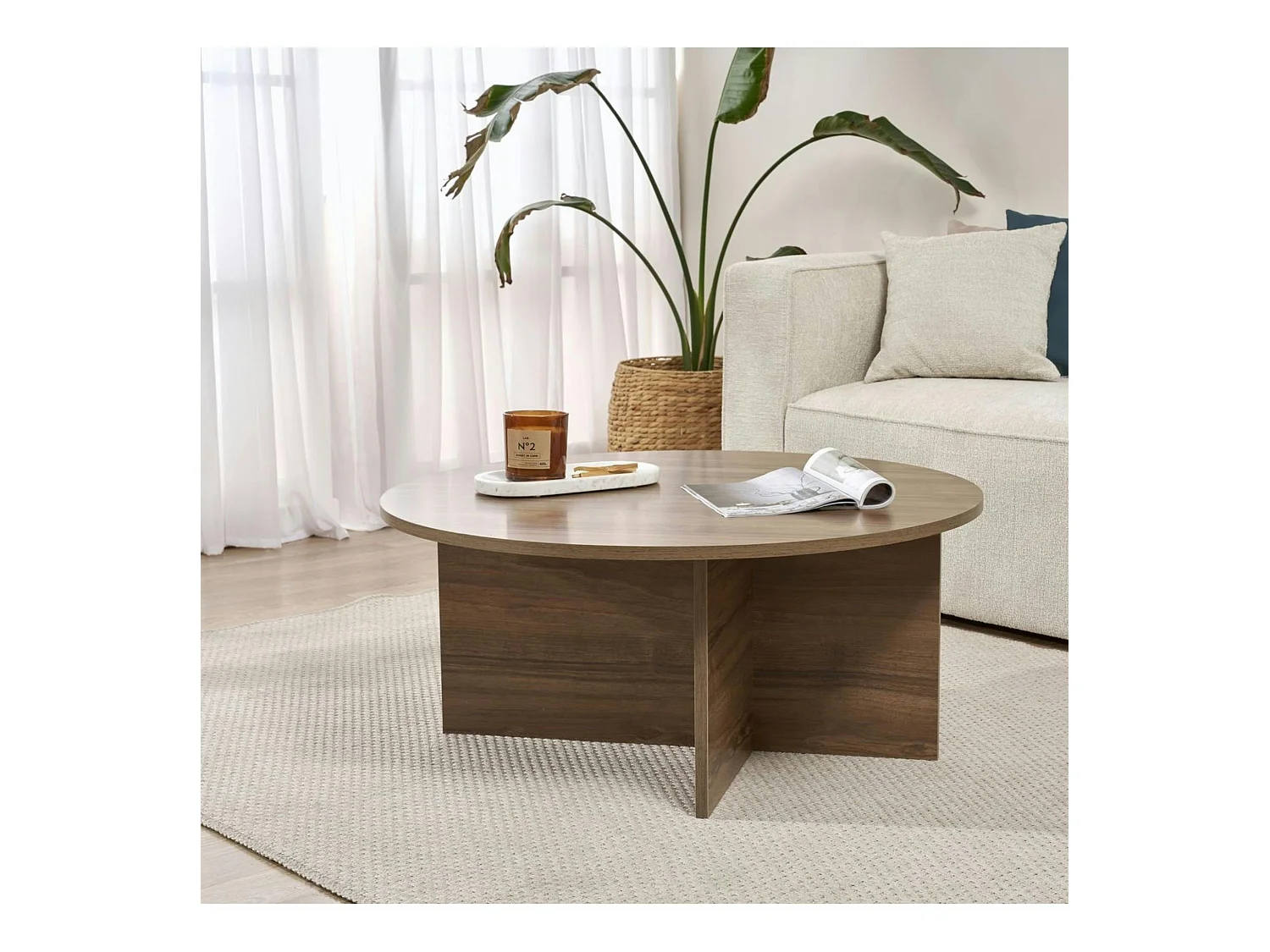 Table basse ronde minimaliste - effet bois de noyer MARFA