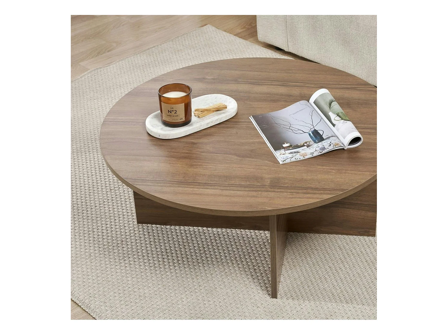 Table basse ronde minimaliste - effet bois de noyer MARFA