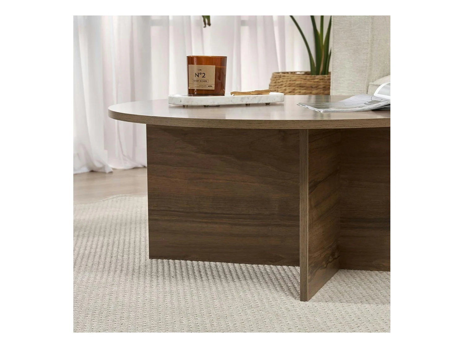 Table basse ronde minimaliste - effet bois de noyer MARFA