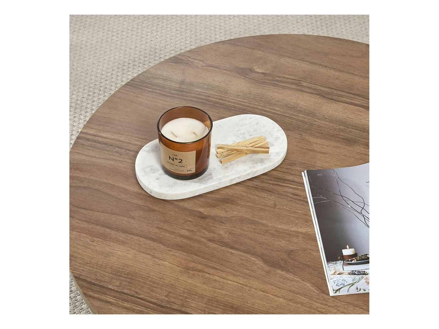 Table basse ronde minimaliste - effet bois de noyer MARFA