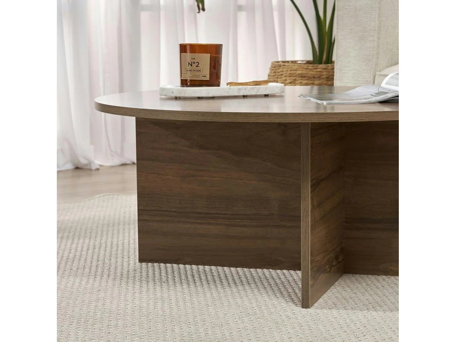 Table basse ronde minimaliste - effet bois de noyer MARFA