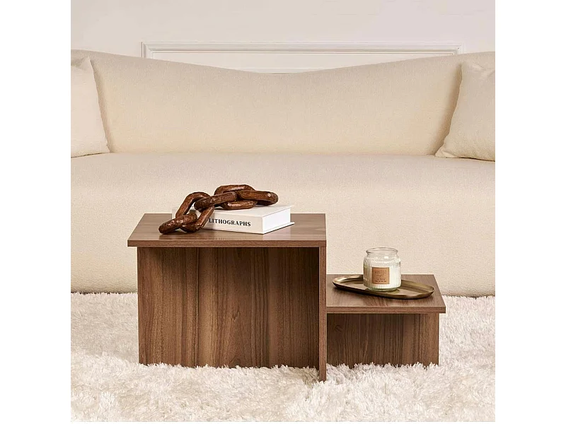 Table basse moderne effet bois de noyer - 2 niveaux MARFA