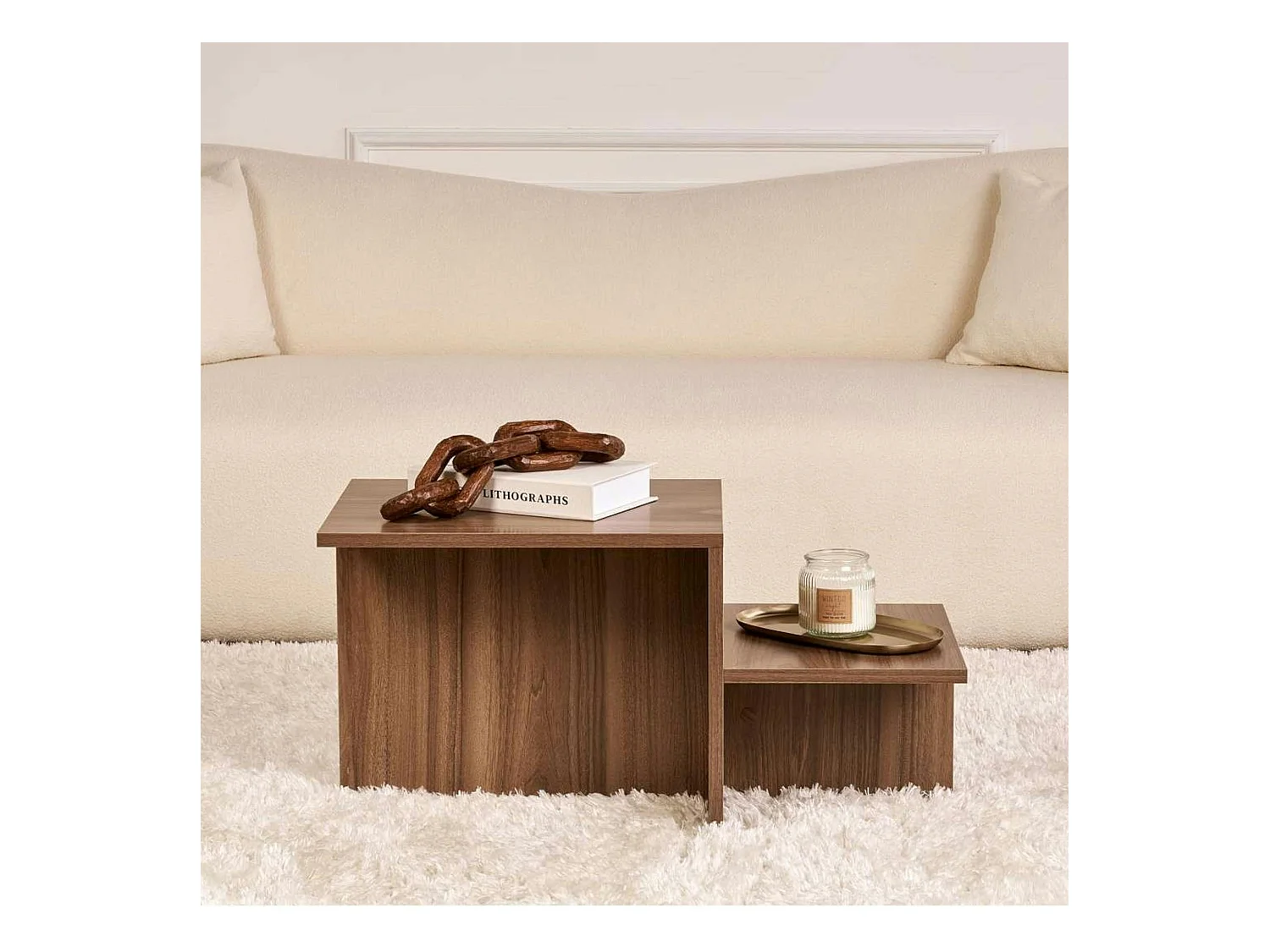 Table basse moderne effet bois de noyer - 2 niveaux MARFA