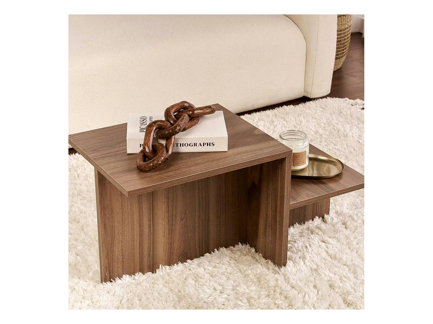 Table basse moderne effet bois de noyer - 2 niveaux MARFA