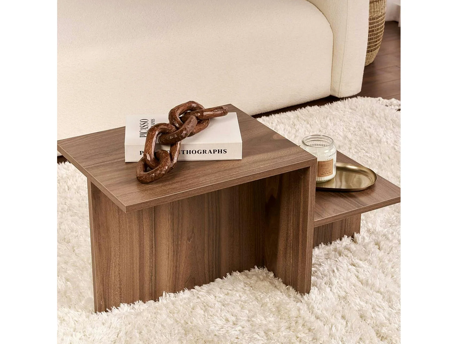 Table basse moderne effet bois de noyer - 2 niveaux MARFA