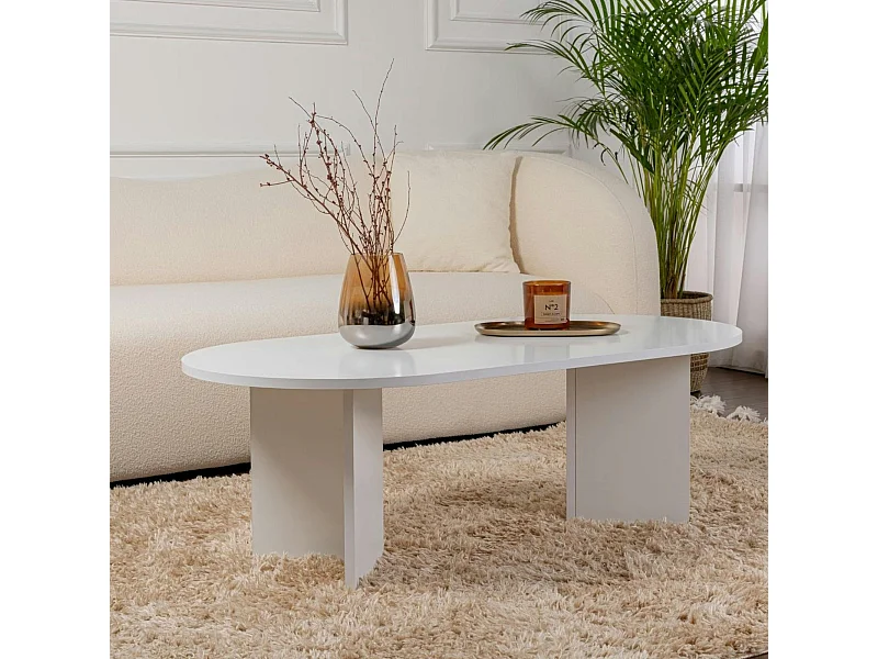 Table basse ovale blanche effet laque - pieds en V MARFA